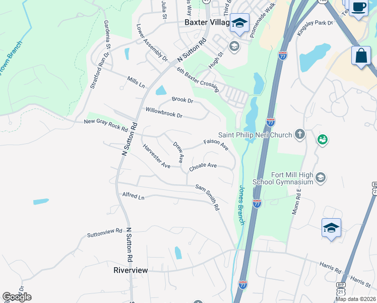 map of restaurants, bars, coffee shops, grocery stores, and more near 731 Drew Avenue in Fort Mill