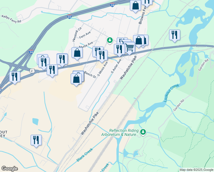 map of restaurants, bars, coffee shops, grocery stores, and more near 205 Wauhatchie Pike in Chattanooga