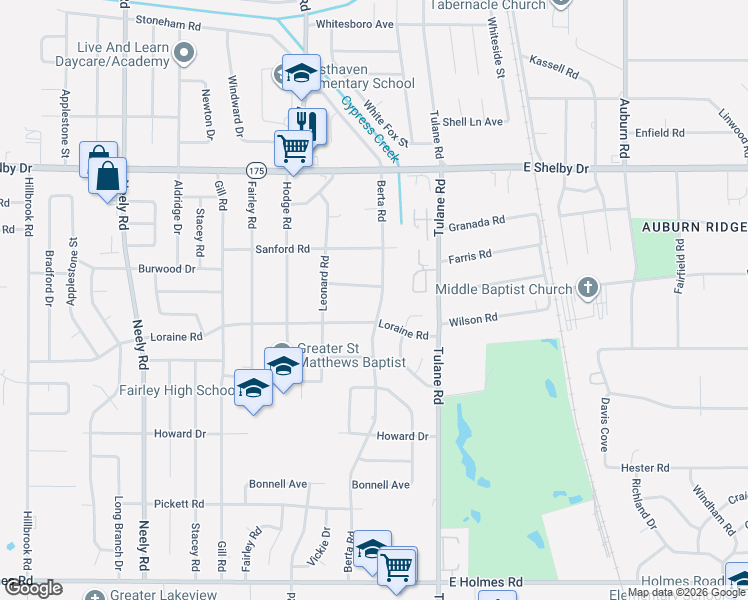 map of restaurants, bars, coffee shops, grocery stores, and more near 522 Loraine Road in Memphis