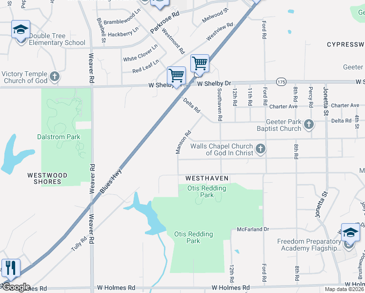 map of restaurants, bars, coffee shops, grocery stores, and more near 4850 Manson Road in Memphis