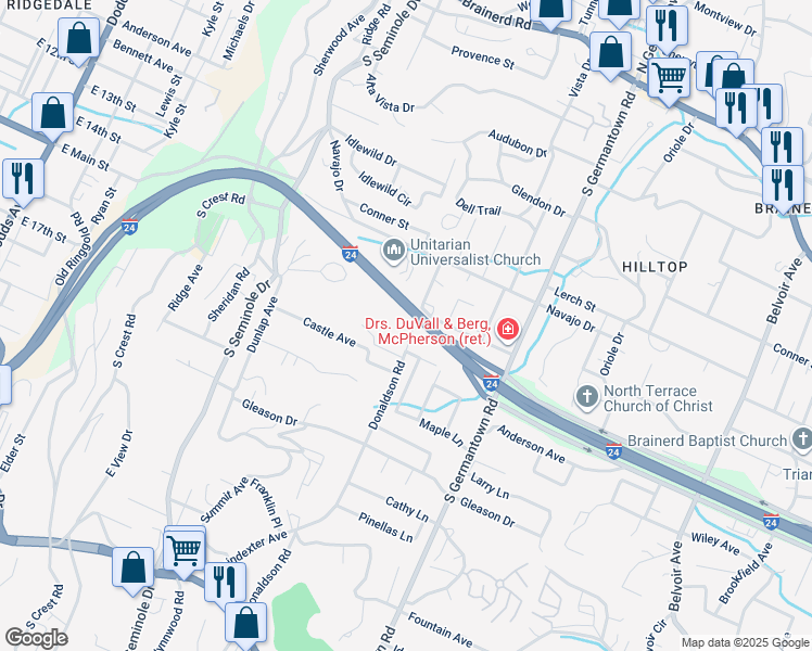 map of restaurants, bars, coffee shops, grocery stores, and more near 503 Donaldson Road in Chattanooga