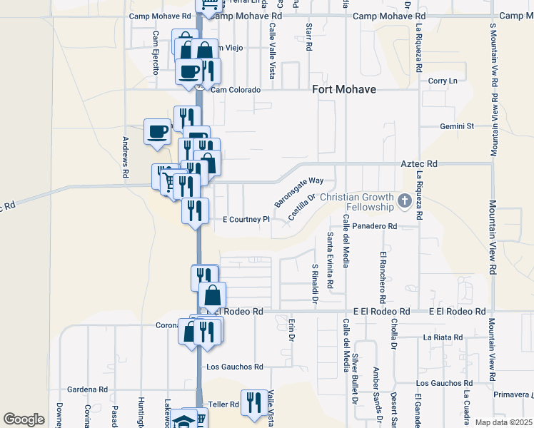 map of restaurants, bars, coffee shops, grocery stores, and more near 1579 East Courtney Place in Fort Mohave