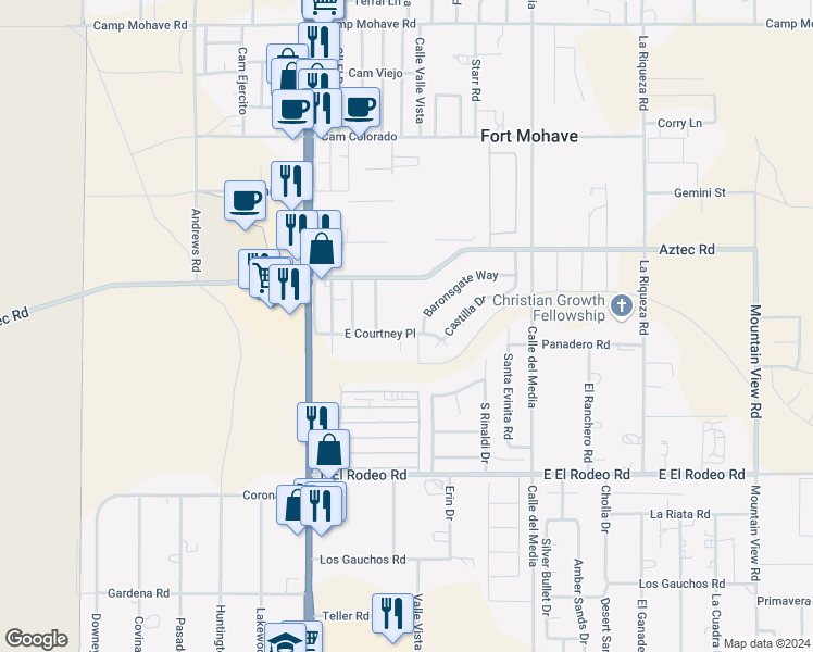 map of restaurants, bars, coffee shops, grocery stores, and more near 1575 East Courtney Place in Fort Mohave