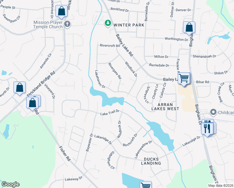 map of restaurants, bars, coffee shops, grocery stores, and more near 6225 Lakehaven Drive in Fayetteville