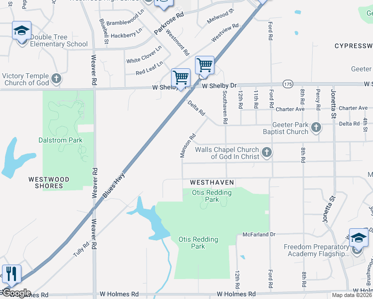 map of restaurants, bars, coffee shops, grocery stores, and more near 4850 Manson Road in Memphis