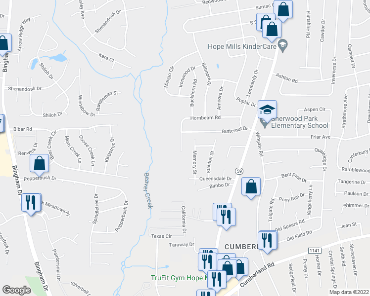 map of restaurants, bars, coffee shops, grocery stores, and more near 5311 Hornbeam Road in Fayetteville