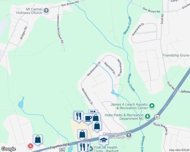 map of restaurants, bars, coffee shops, grocery stores, and more near 108 Mack Drive in Raeford