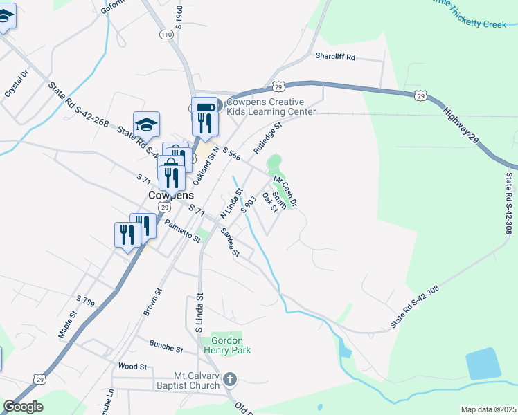 map of restaurants, bars, coffee shops, grocery stores, and more near 120 Oak Street in Cowpens