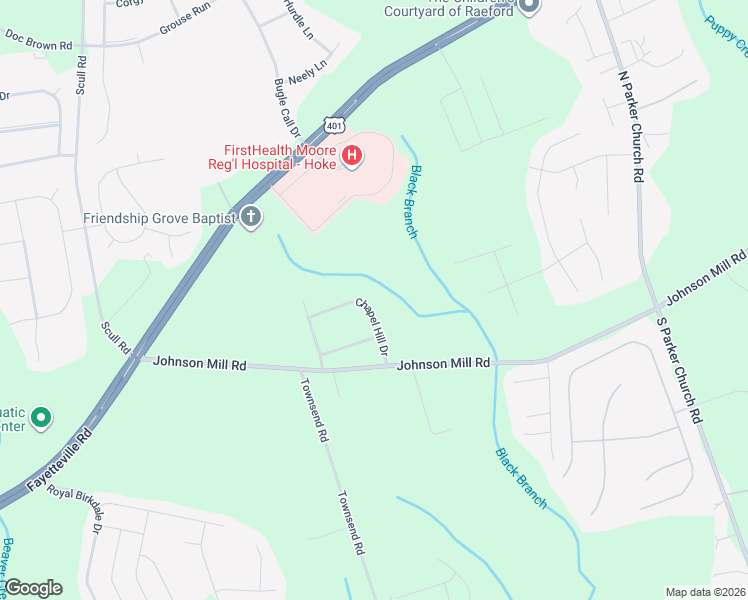 map of restaurants, bars, coffee shops, grocery stores, and more near 128 Chapel Hill Drive in Raeford