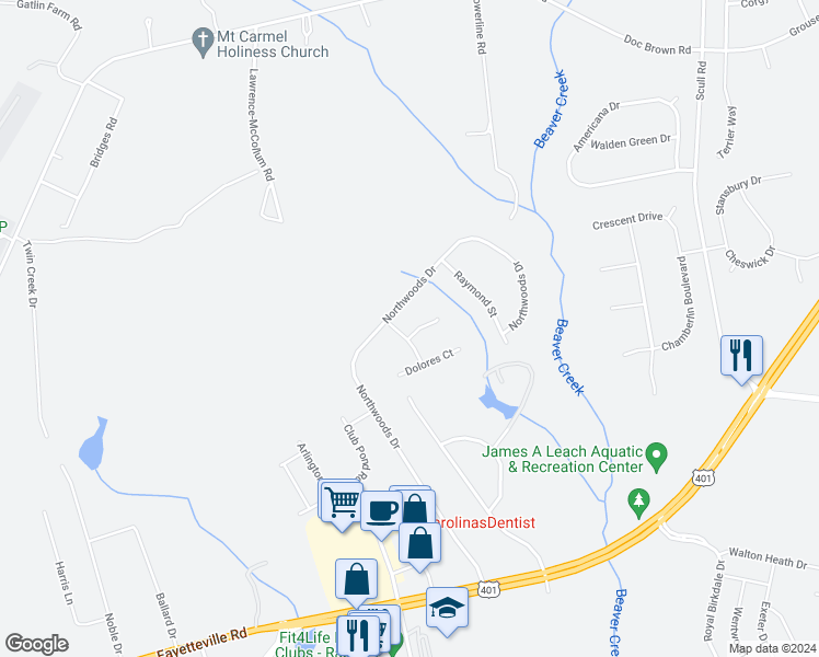 map of restaurants, bars, coffee shops, grocery stores, and more near 101 Horace Court in Raeford