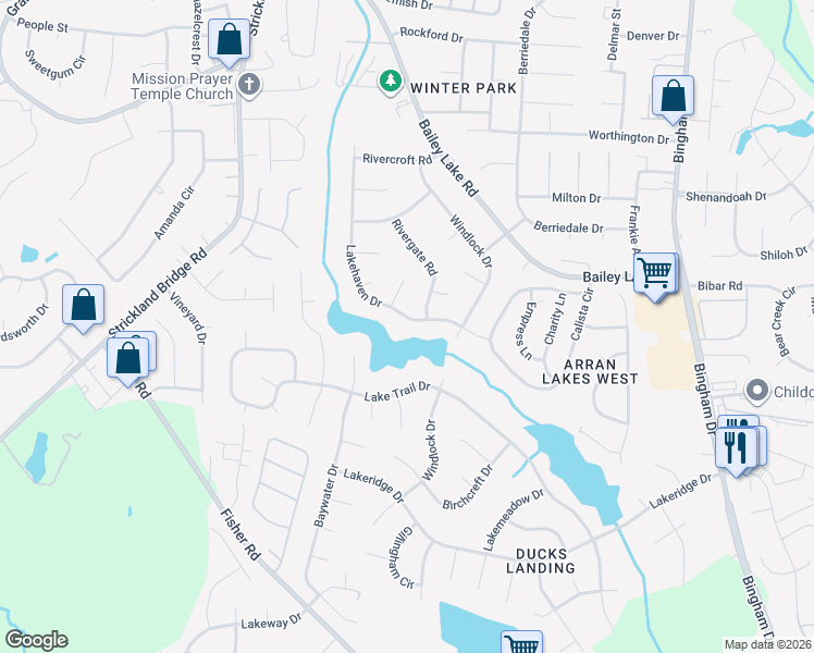 map of restaurants, bars, coffee shops, grocery stores, and more near 6225 Lakehaven Drive in Fayetteville