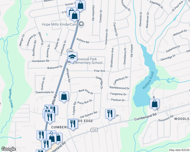 map of restaurants, bars, coffee shops, grocery stores, and more near 2134 Quailridge Drive in Fayetteville