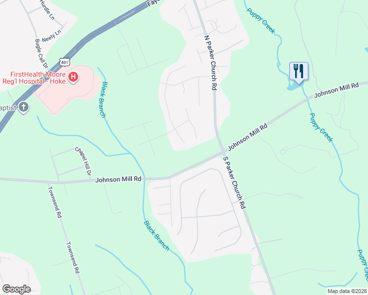 map of restaurants, bars, coffee shops, grocery stores, and more near 246 Van Buren Drive in Raeford