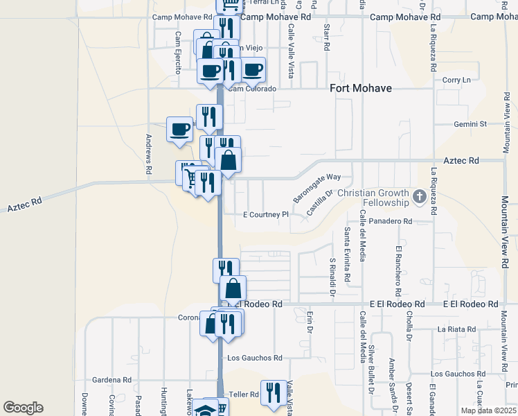 map of restaurants, bars, coffee shops, grocery stores, and more near 4841 Mesa Villas Drive in Fort Mohave