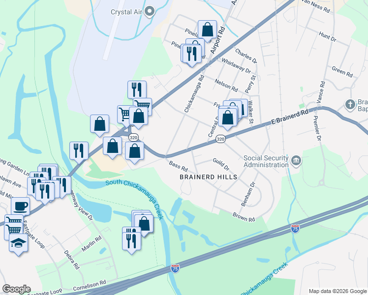 map of restaurants, bars, coffee shops, grocery stores, and more near 6150 East Brainerd Road in Chattanooga