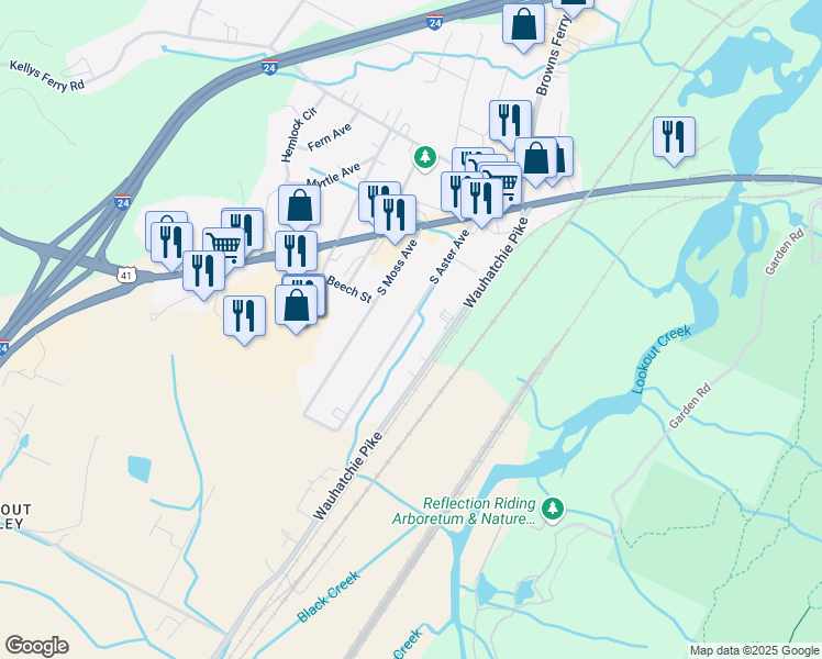 map of restaurants, bars, coffee shops, grocery stores, and more near 205 Wauhatchie Pike in Chattanooga