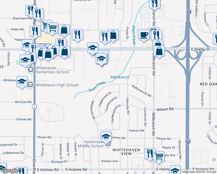 map of restaurants, bars, coffee shops, grocery stores, and more near 4850 Whitworth Road in Memphis