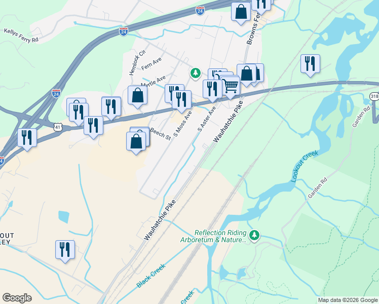 map of restaurants, bars, coffee shops, grocery stores, and more near 205 Wauhatchie Pike in Chattanooga