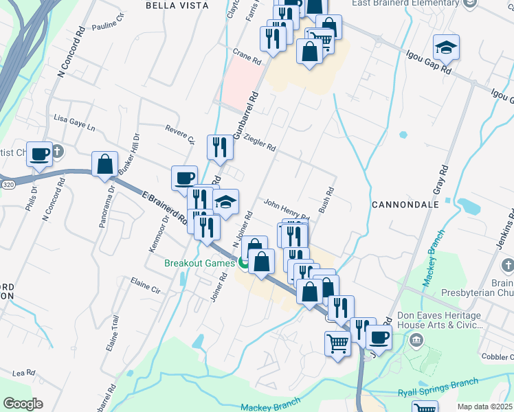 map of restaurants, bars, coffee shops, grocery stores, and more near 1532 Joiner Road in Chattanooga