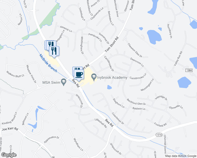 map of restaurants, bars, coffee shops, grocery stores, and more near 508 Amersham Lane in Waxhaw