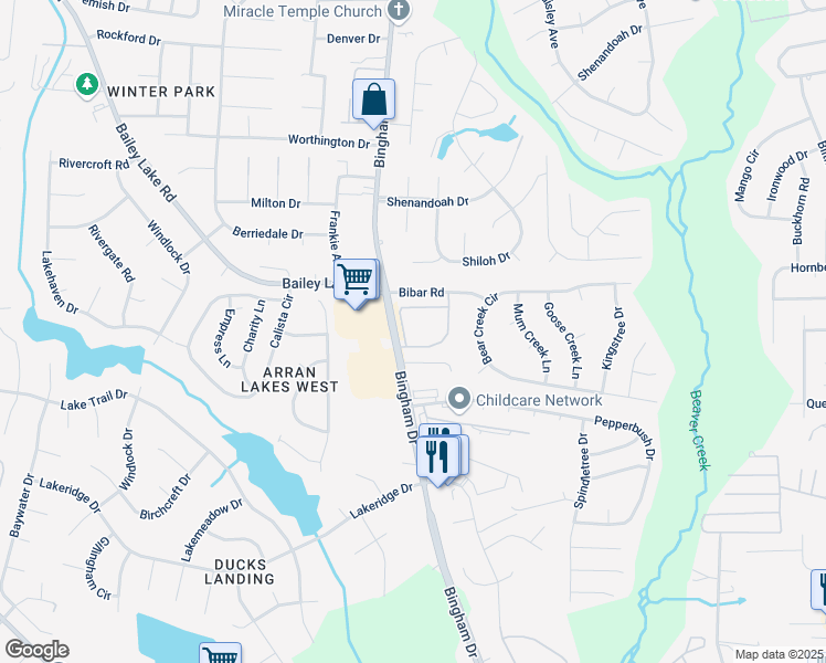 map of restaurants, bars, coffee shops, grocery stores, and more near 1851 Balmoral Drive in Fayetteville