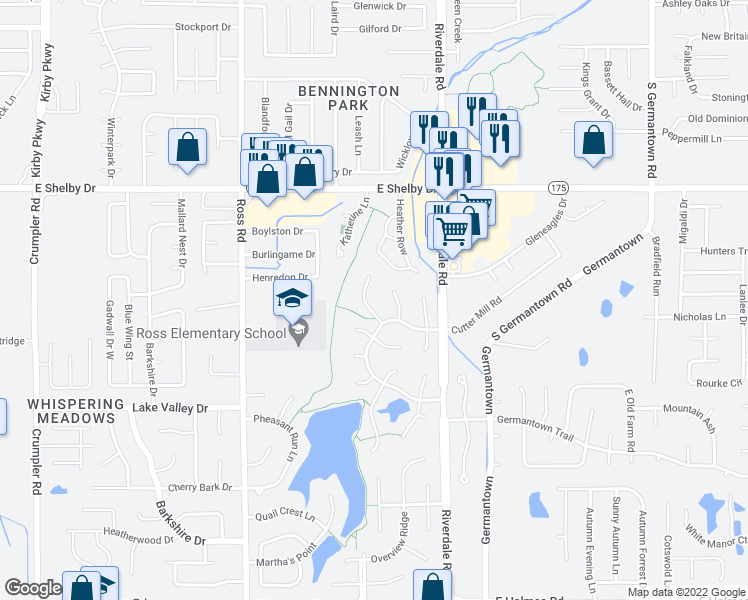 map of restaurants, bars, coffee shops, grocery stores, and more near 4838 Sturbridge Lane in Memphis