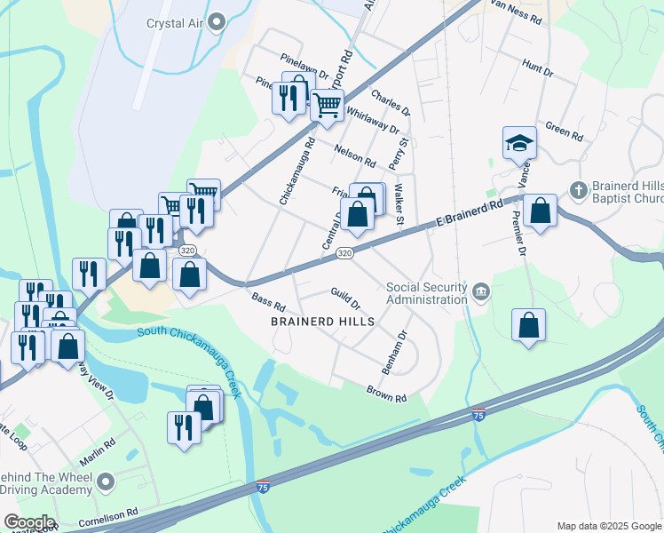 map of restaurants, bars, coffee shops, grocery stores, and more near 311 Guild Drive in Chattanooga