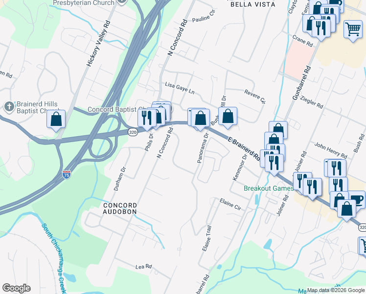 map of restaurants, bars, coffee shops, grocery stores, and more near 1215 King Arthur Road in Chattanooga