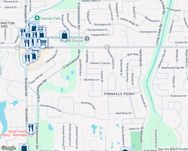 map of restaurants, bars, coffee shops, grocery stores, and more near 7288 Nicholas Lane in Memphis