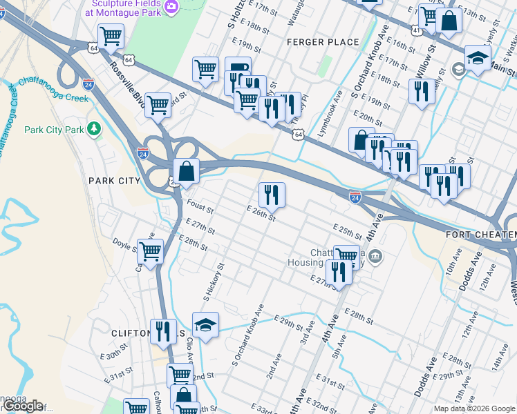 map of restaurants, bars, coffee shops, grocery stores, and more near 1702 East 26th Street in Chattanooga
