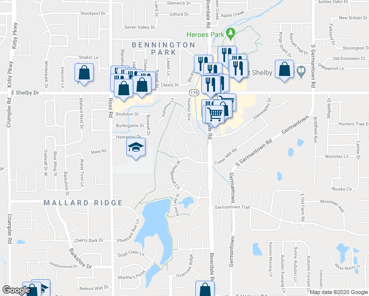 map of restaurants, bars, coffee shops, grocery stores, and more near 4833 Beaconfield Cove in Memphis