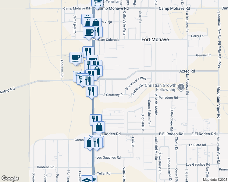 map of restaurants, bars, coffee shops, grocery stores, and more near 4841 Mesa Villas Drive in Fort Mohave