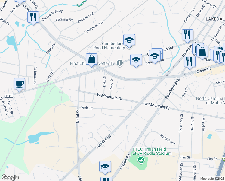 map of restaurants, bars, coffee shops, grocery stores, and more near 706 West Mountain Drive in Fayetteville