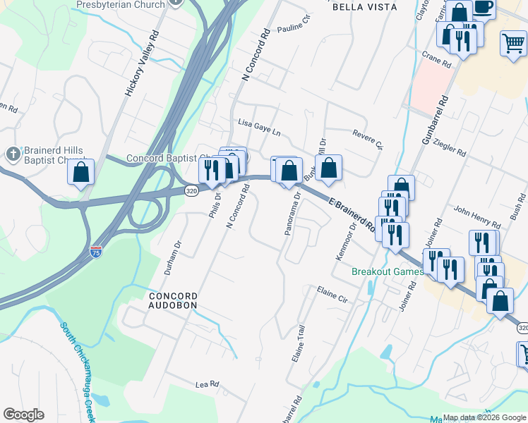 map of restaurants, bars, coffee shops, grocery stores, and more near 1215 King Arthur Road in Chattanooga