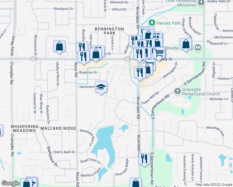 map of restaurants, bars, coffee shops, grocery stores, and more near 4839 Sturbridge Lane in Memphis