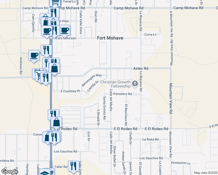 map of restaurants, bars, coffee shops, grocery stores, and more near 4833 Calle Del Media in Fort Mohave