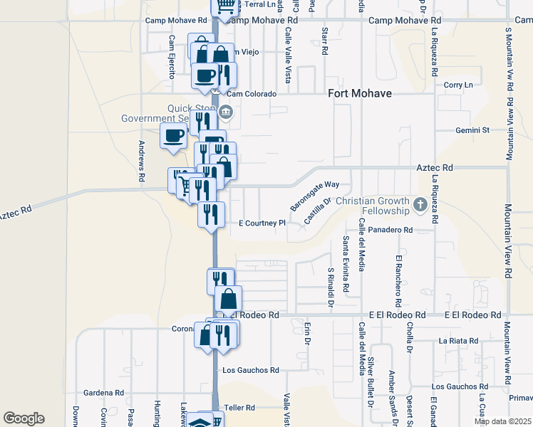 map of restaurants, bars, coffee shops, grocery stores, and more near 1559 East Courtney Place in Fort Mohave
