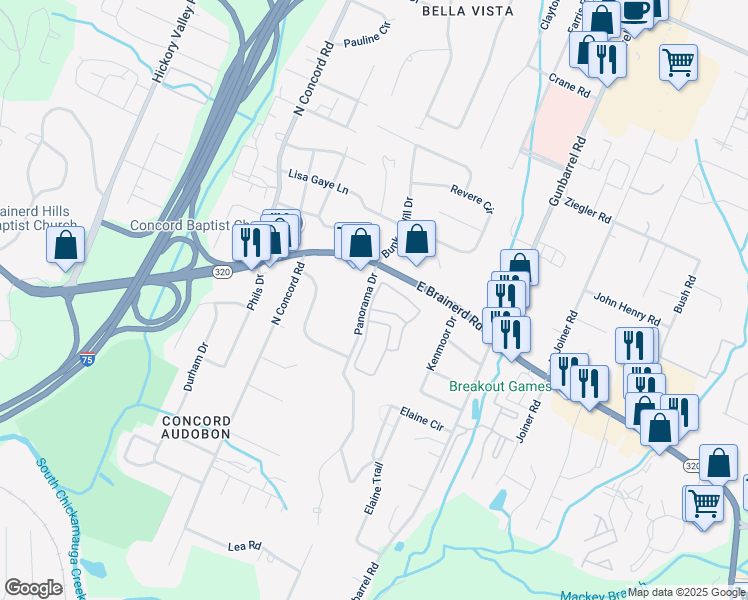 map of restaurants, bars, coffee shops, grocery stores, and more near 7211 Aventine Way in Chattanooga