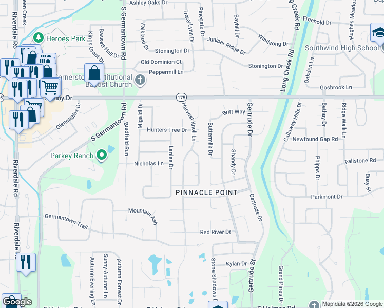 map of restaurants, bars, coffee shops, grocery stores, and more near 4820 Harvest Knoll Lane in Memphis