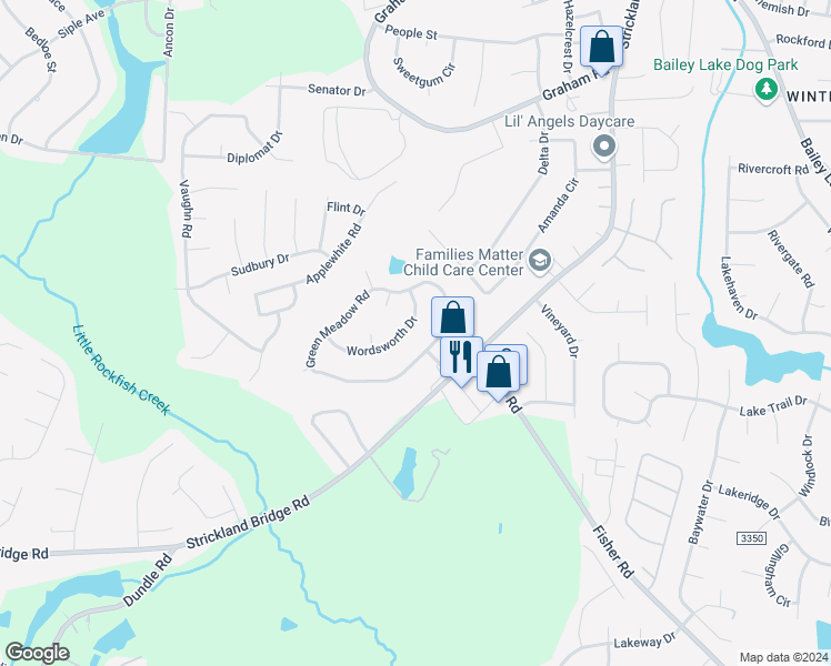 map of restaurants, bars, coffee shops, grocery stores, and more near 1913 Wordsworth Drive in Fayetteville