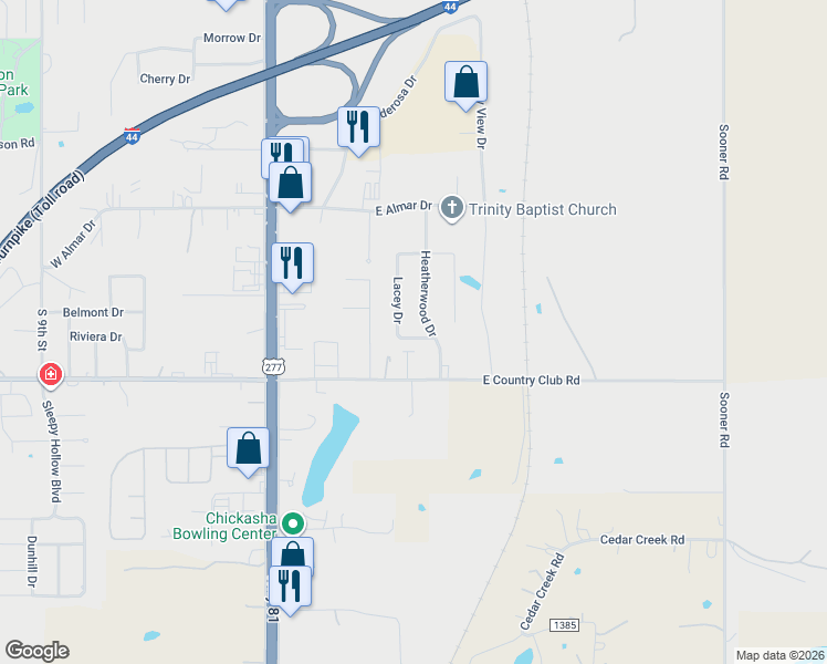 map of restaurants, bars, coffee shops, grocery stores, and more near 311 Lacey Drive in Chickasha