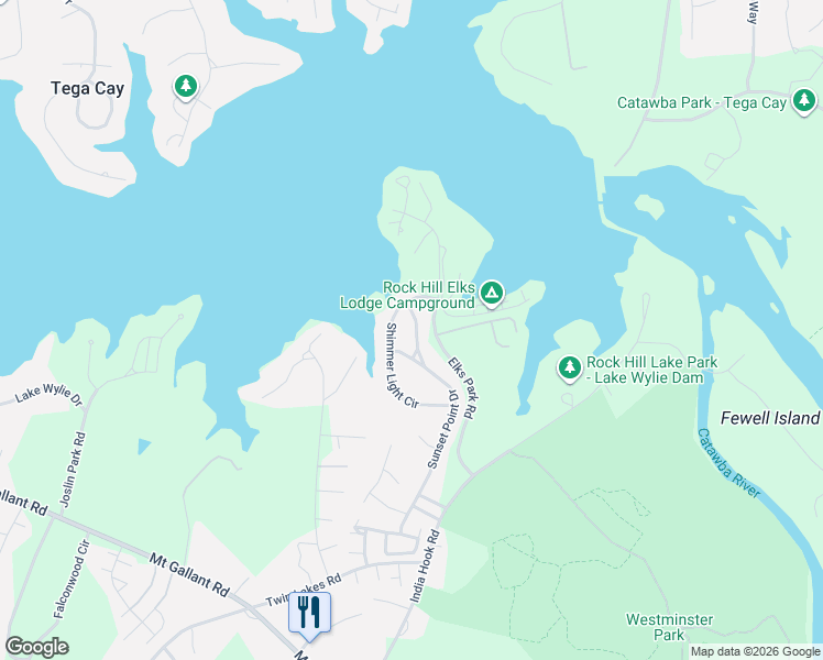 map of restaurants, bars, coffee shops, grocery stores, and more near 756 Sunset Point Drive in Rock Hill