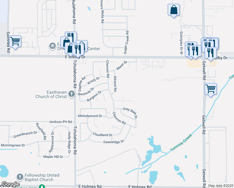 map of restaurants, bars, coffee shops, grocery stores, and more near 4854 Chevron Road in Memphis