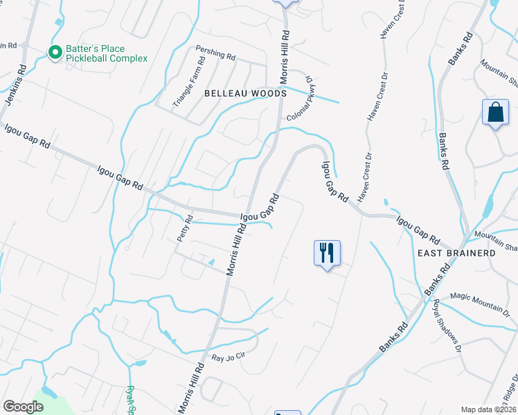 map of restaurants, bars, coffee shops, grocery stores, and more near 8706 Igou Gap Road in Chattanooga