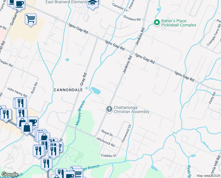 map of restaurants, bars, coffee shops, grocery stores, and more near 1715 Jenkins Road in Chattanooga