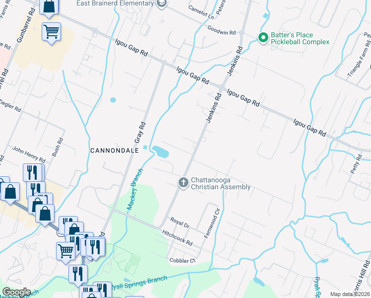 map of restaurants, bars, coffee shops, grocery stores, and more near 1715 Jenkins Road in Chattanooga