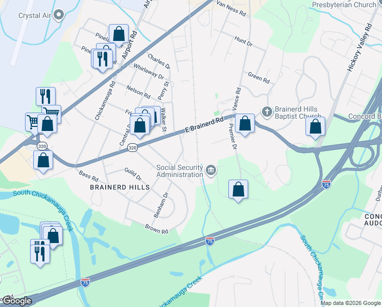 map of restaurants, bars, coffee shops, grocery stores, and more near 471 Monya Lane in Chattanooga