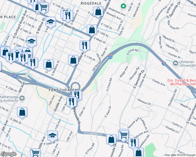 map of restaurants, bars, coffee shops, grocery stores, and more near 2103 Elder Street in Chattanooga