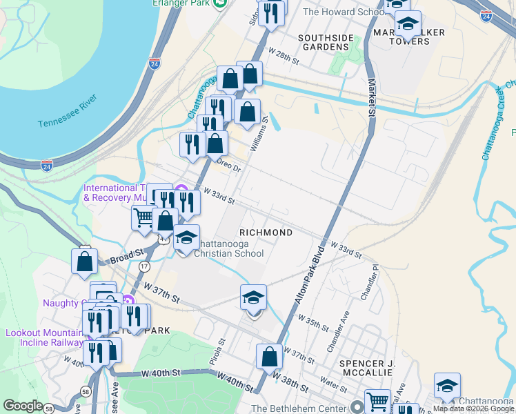 map of restaurants, bars, coffee shops, grocery stores, and more near 3303 Tarlton Avenue in Chattanooga