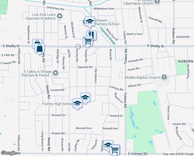 map of restaurants, bars, coffee shops, grocery stores, and more near 4850 Leonard Road in Memphis